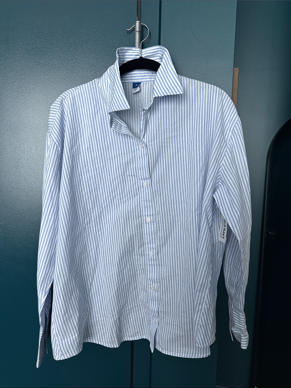 Old Navy Light Blue & White Striped Button-Down Shirt with open back